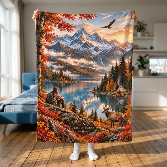 Cronotierra Autumn Mountain Retreat Velveteen Blanket — Lake & Wildlife Throw