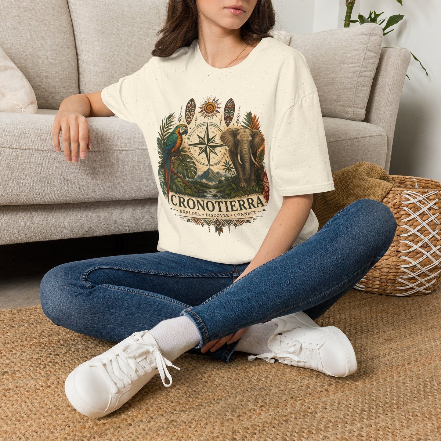 Safari Compass T‑Shirt — Vintage Elephant & Parrot Adventure Tee