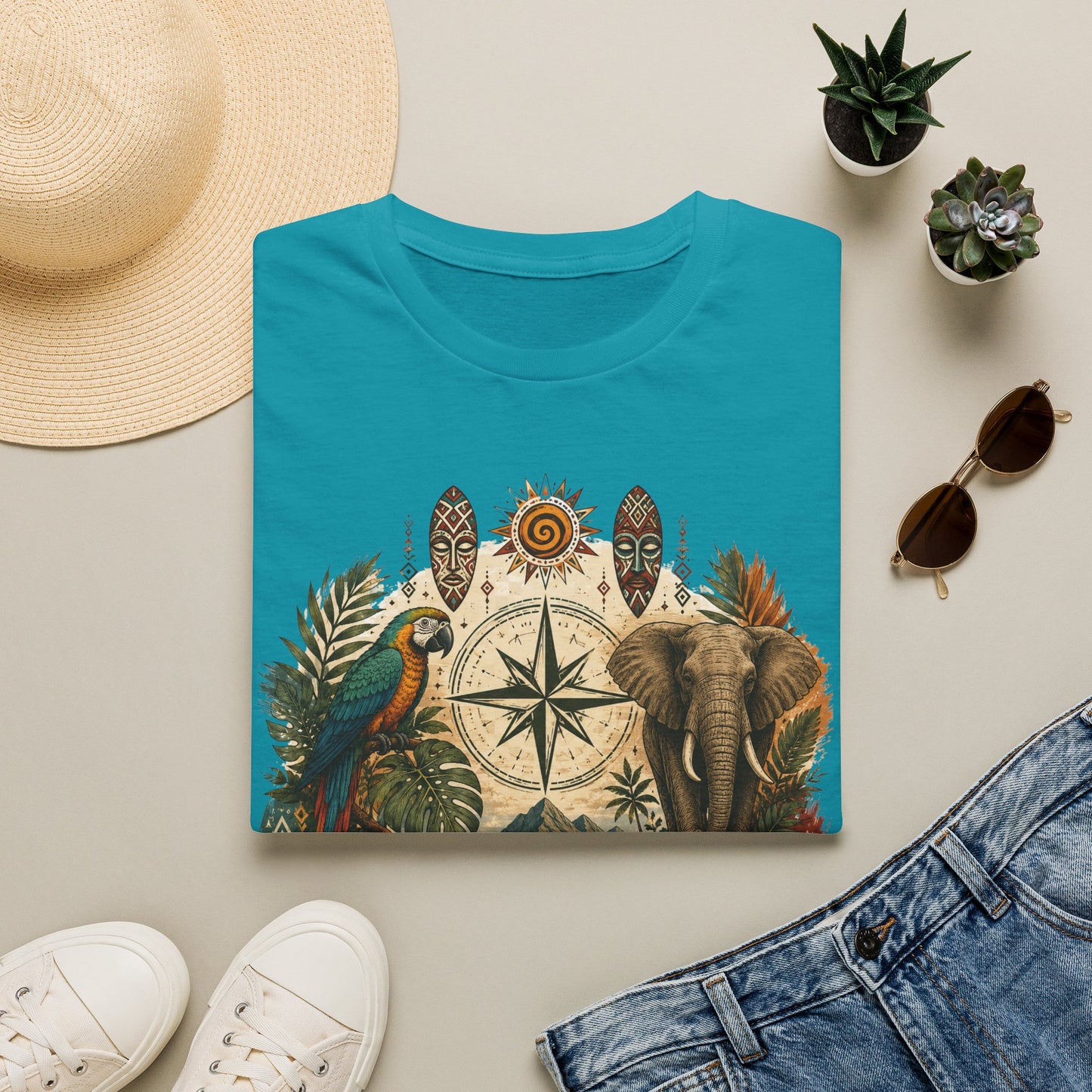 Safari Compass T‑Shirt — Vintage Elephant & Parrot Adventure Tee