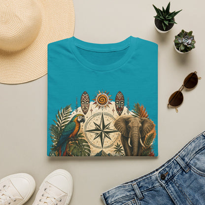 Camiseta Bússola Safári — Estampa Vintage de Elefante e Papagaio para Aventureiros