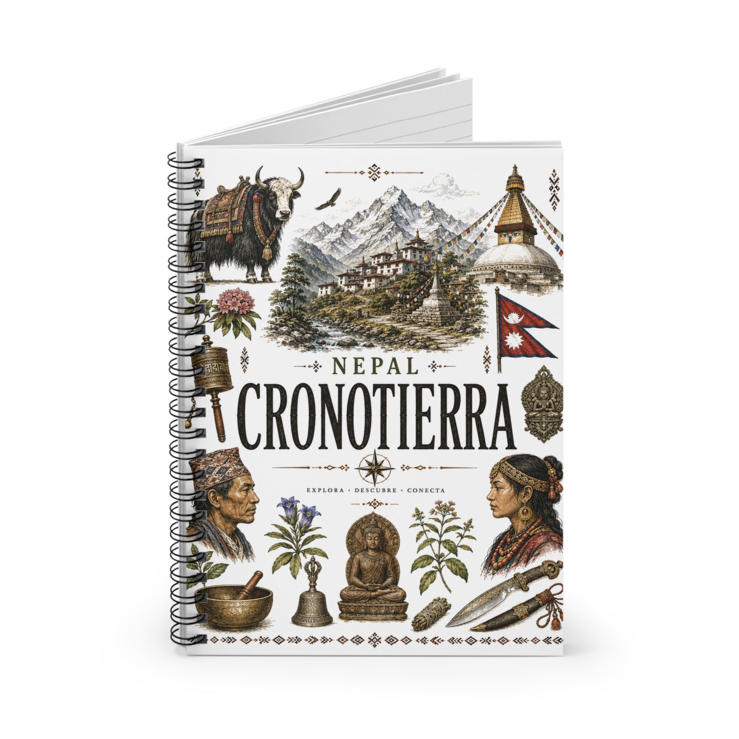 Cronotierra Illustrated Nepal Journal — Vintage Spiral Travel Notebook
