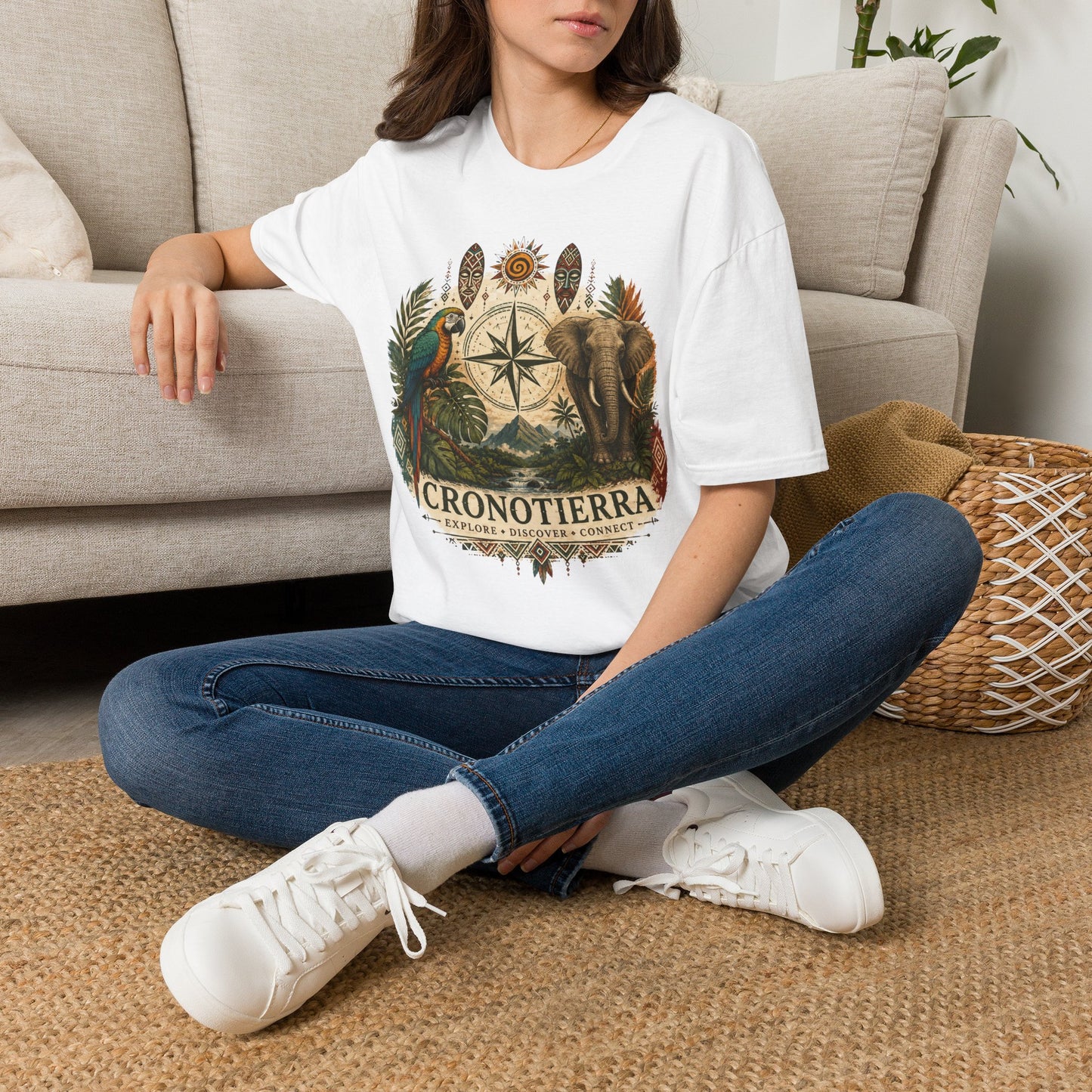 Safari Compass T‑Shirt — Vintage Elephant & Parrot Adventure Tee