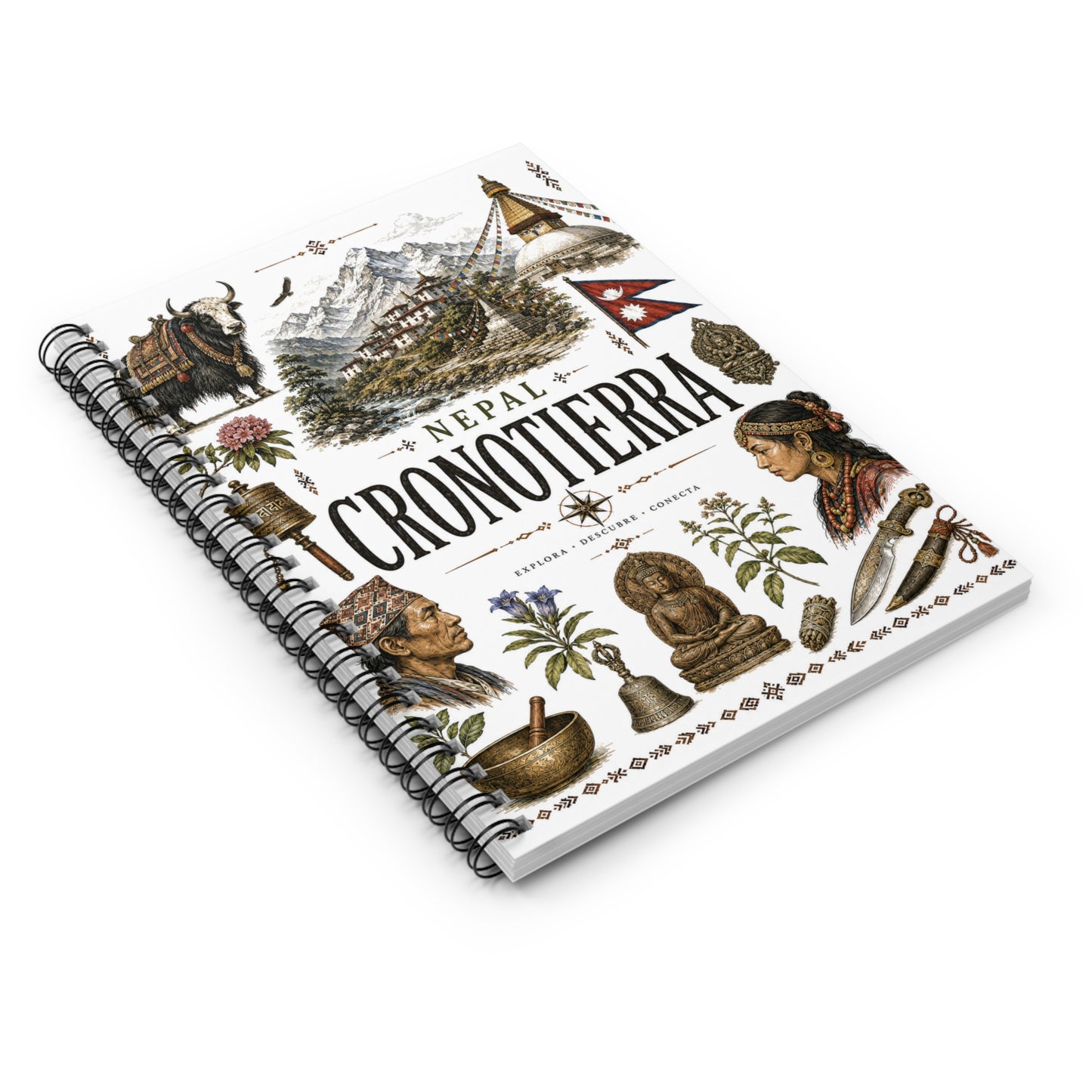 Cronotierra Illustrated Nepal Journal — Vintage Spiral Travel Notebook