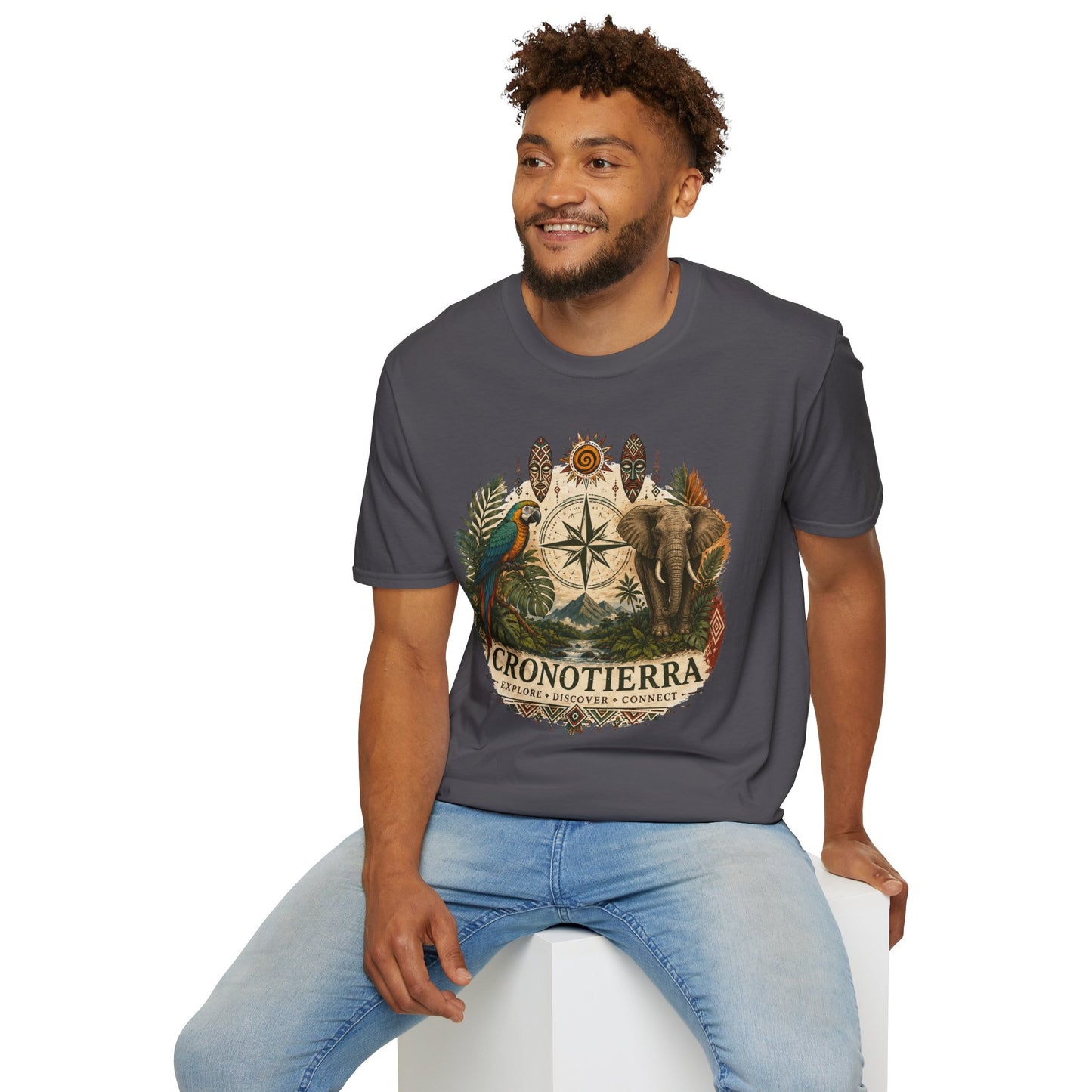 Safari Compass T‑Shirt — Vintage Elephant & Parrot Adventure Tee