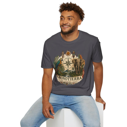 Camiseta Bússola Safári — Estampa Vintage de Elefante e Papagaio para Aventureiros