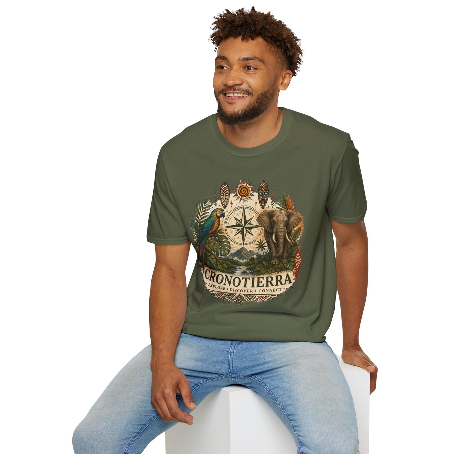 Safari Compass T‑Shirt — Vintage Elephant & Parrot Adventure Tee