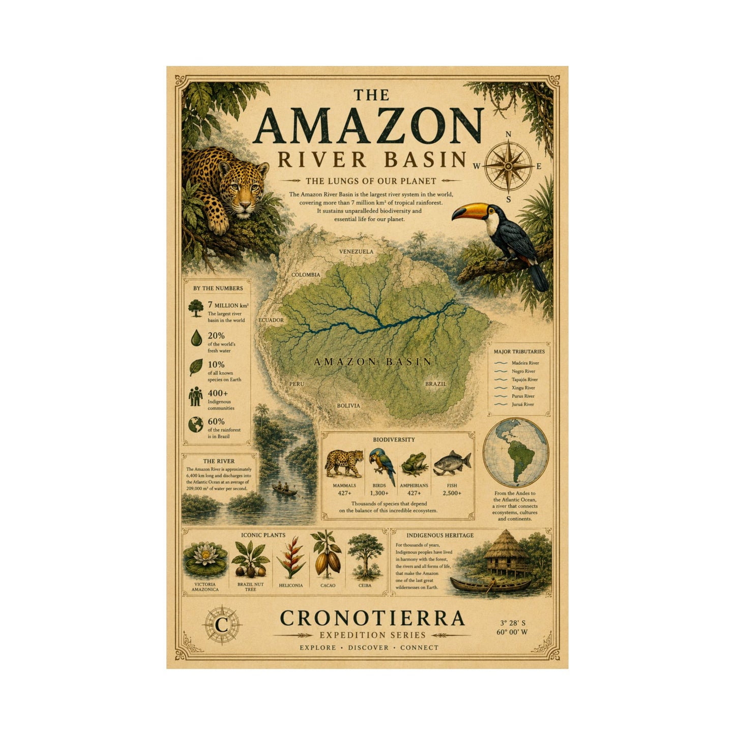 Cronotierra Amazon River Basin Vintage Map Poster