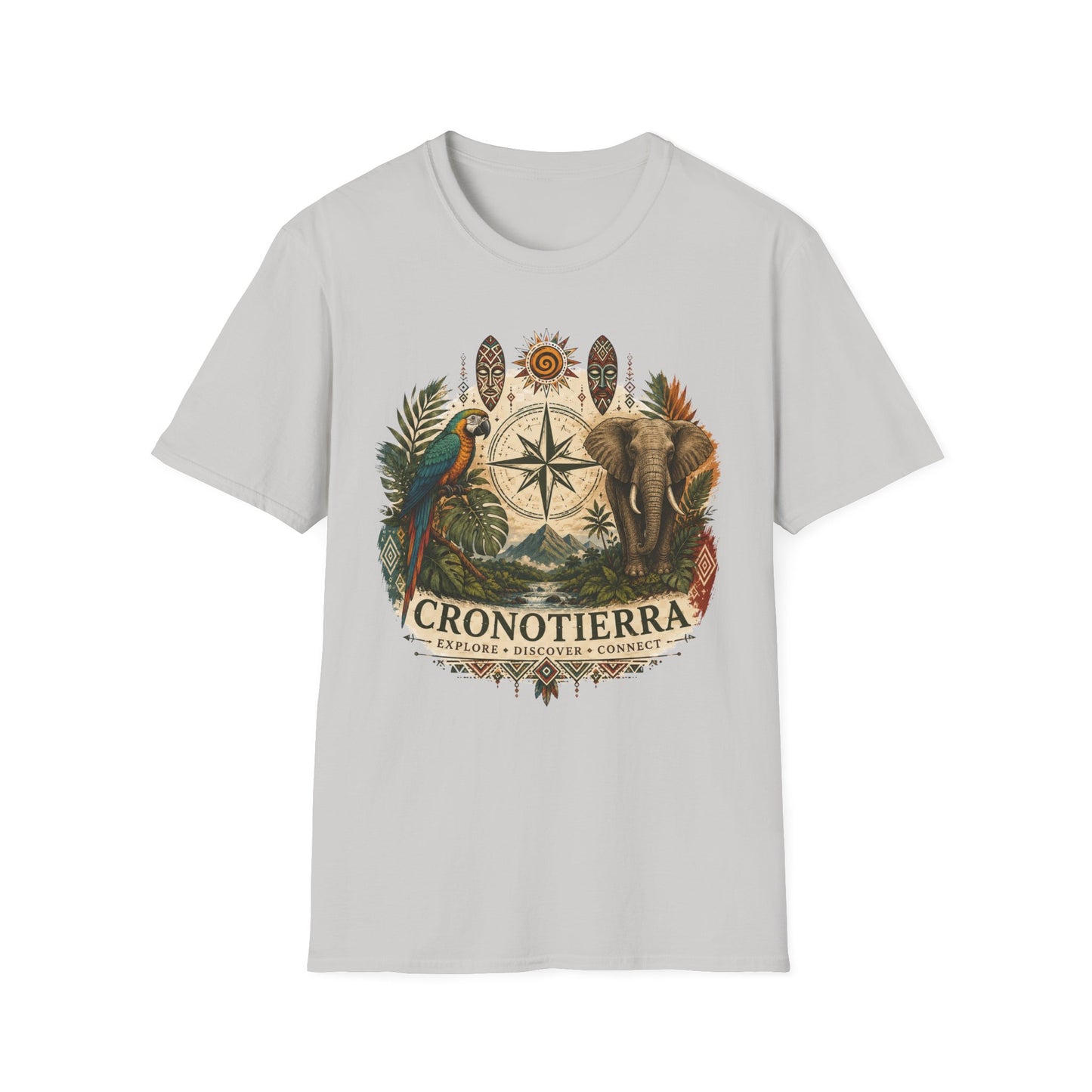 Safari Compass T‑Shirt — Vintage Elephant & Parrot Adventure Tee