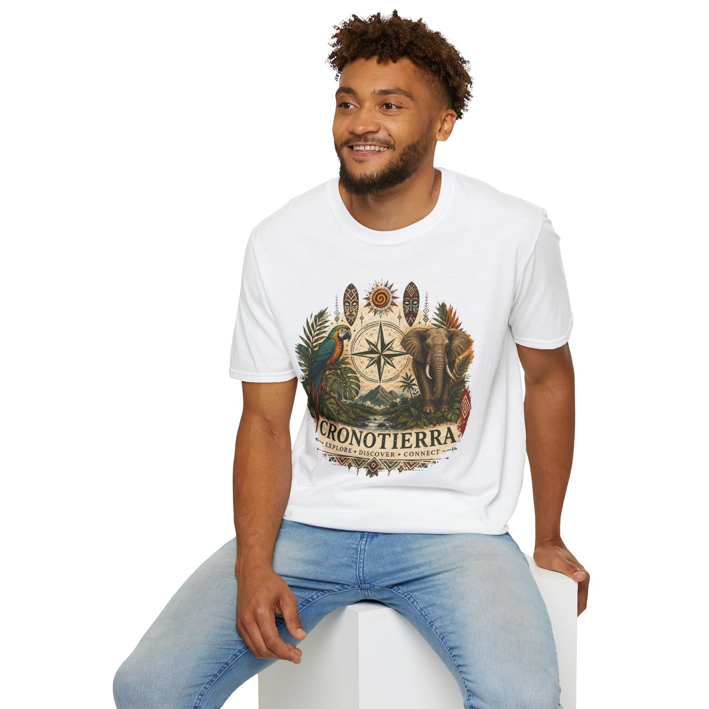 Safari Compass T‑Shirt — Vintage Elephant & Parrot Adventure Tee