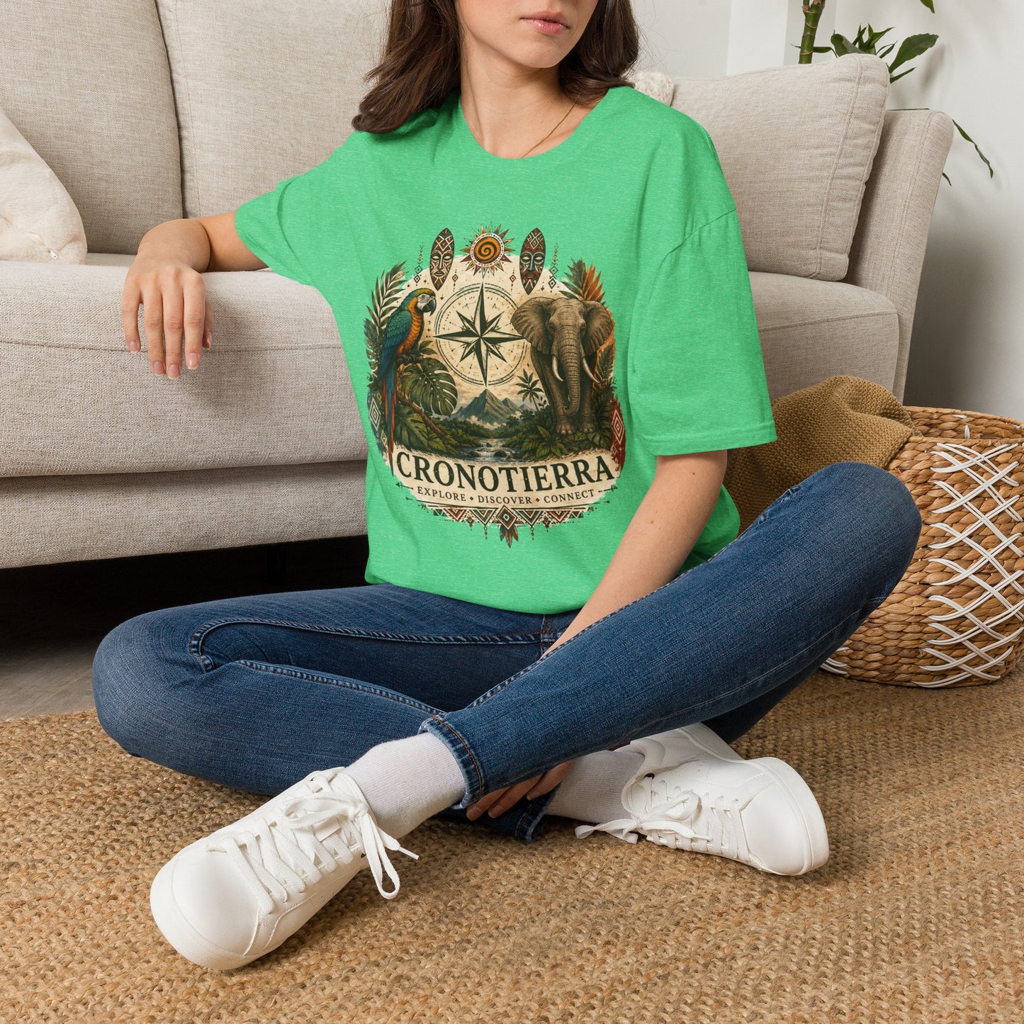 Safari Compass T‑Shirt — Vintage Elephant & Parrot Adventure Tee