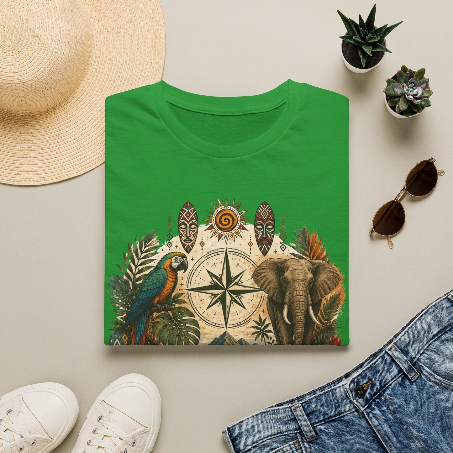 Safari Compass T‑Shirt — Vintage Elephant & Parrot Adventure Tee