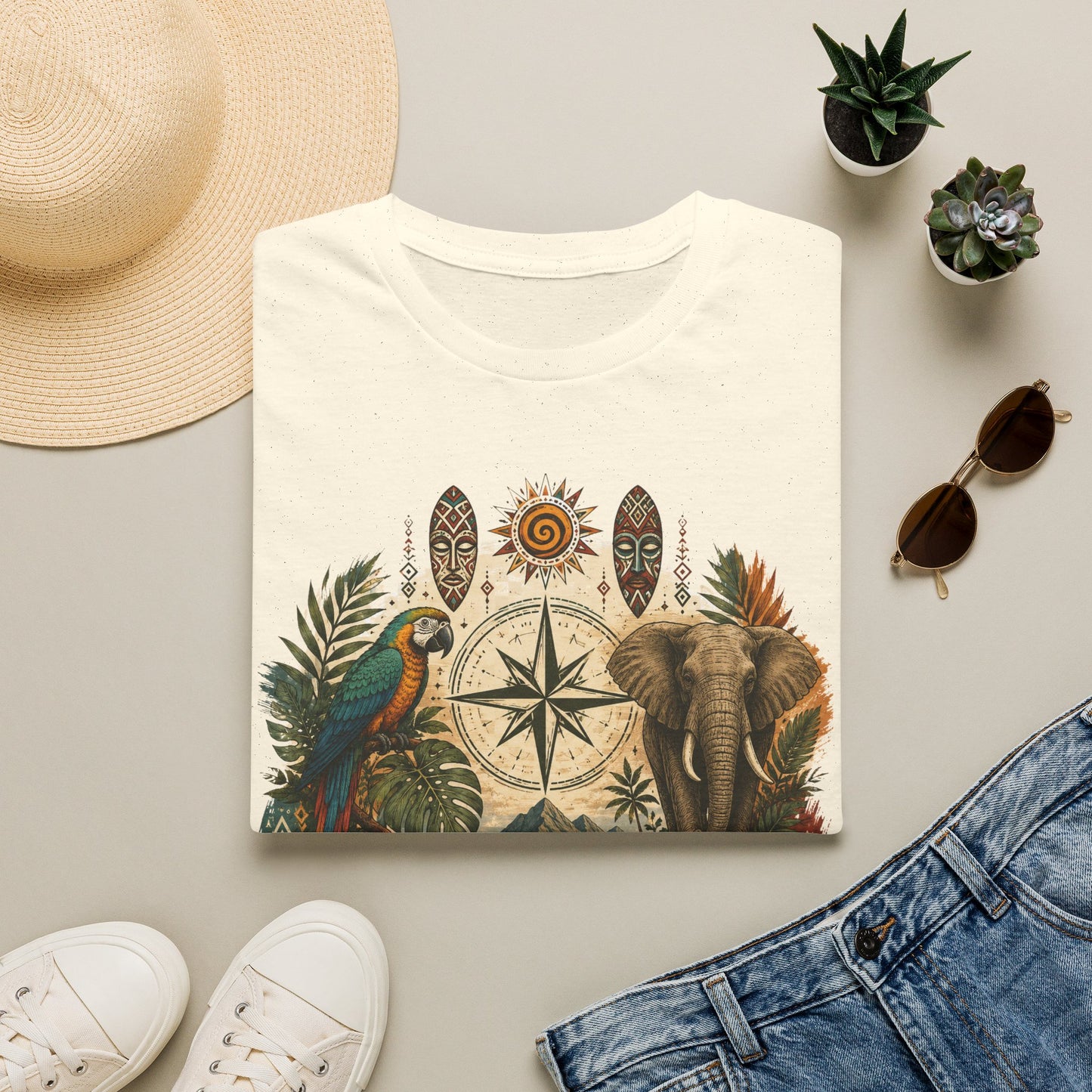 Safari Compass T‑Shirt — Vintage Elephant & Parrot Adventure Tee
