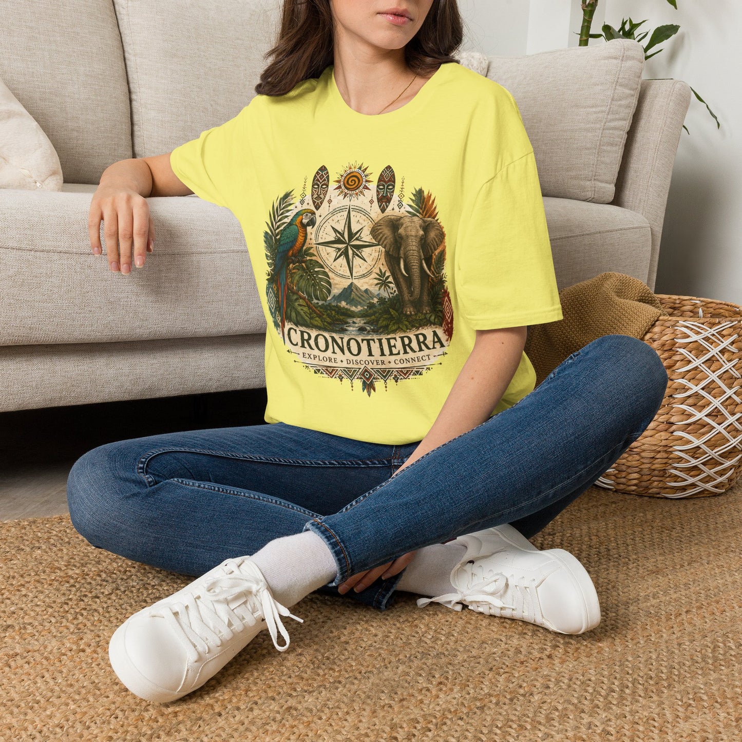 Safari Compass T‑Shirt — Vintage Elephant & Parrot Adventure Tee