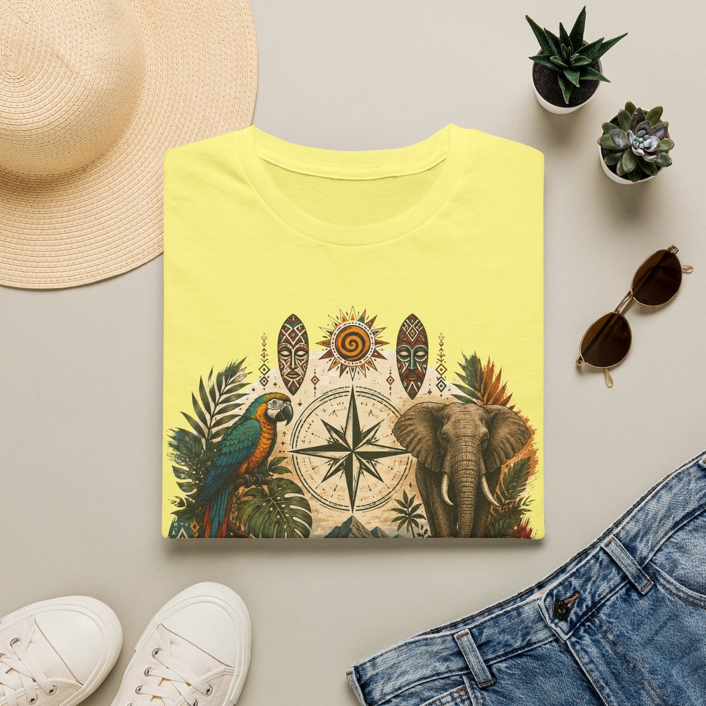 Safari Compass T‑Shirt — Vintage Elephant & Parrot Adventure Tee