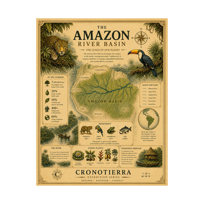 Póster de Mapa Vintage de la Cuenca del Río Amazonas Cronotierra