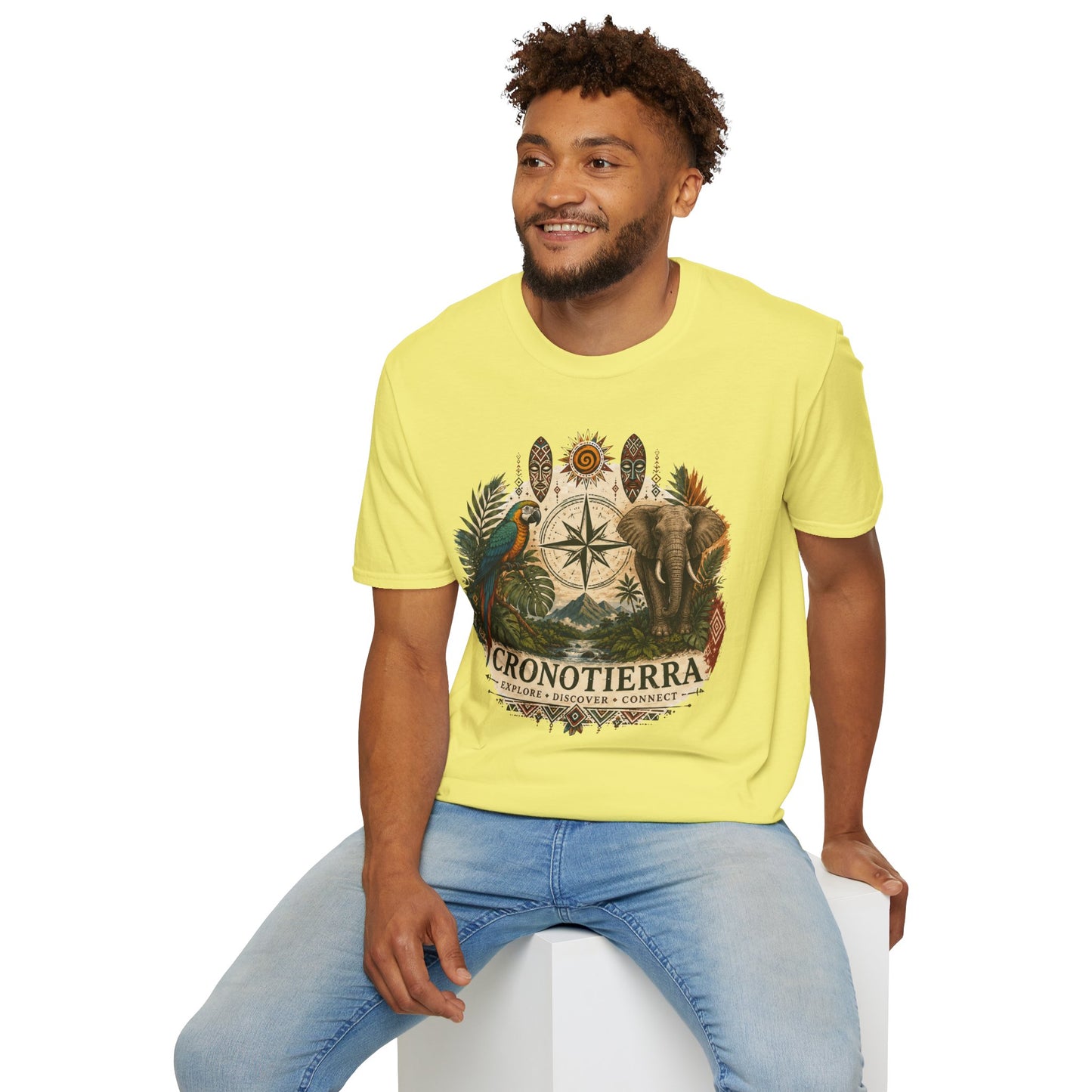 Safari Compass T‑Shirt — Vintage Elephant & Parrot Adventure Tee