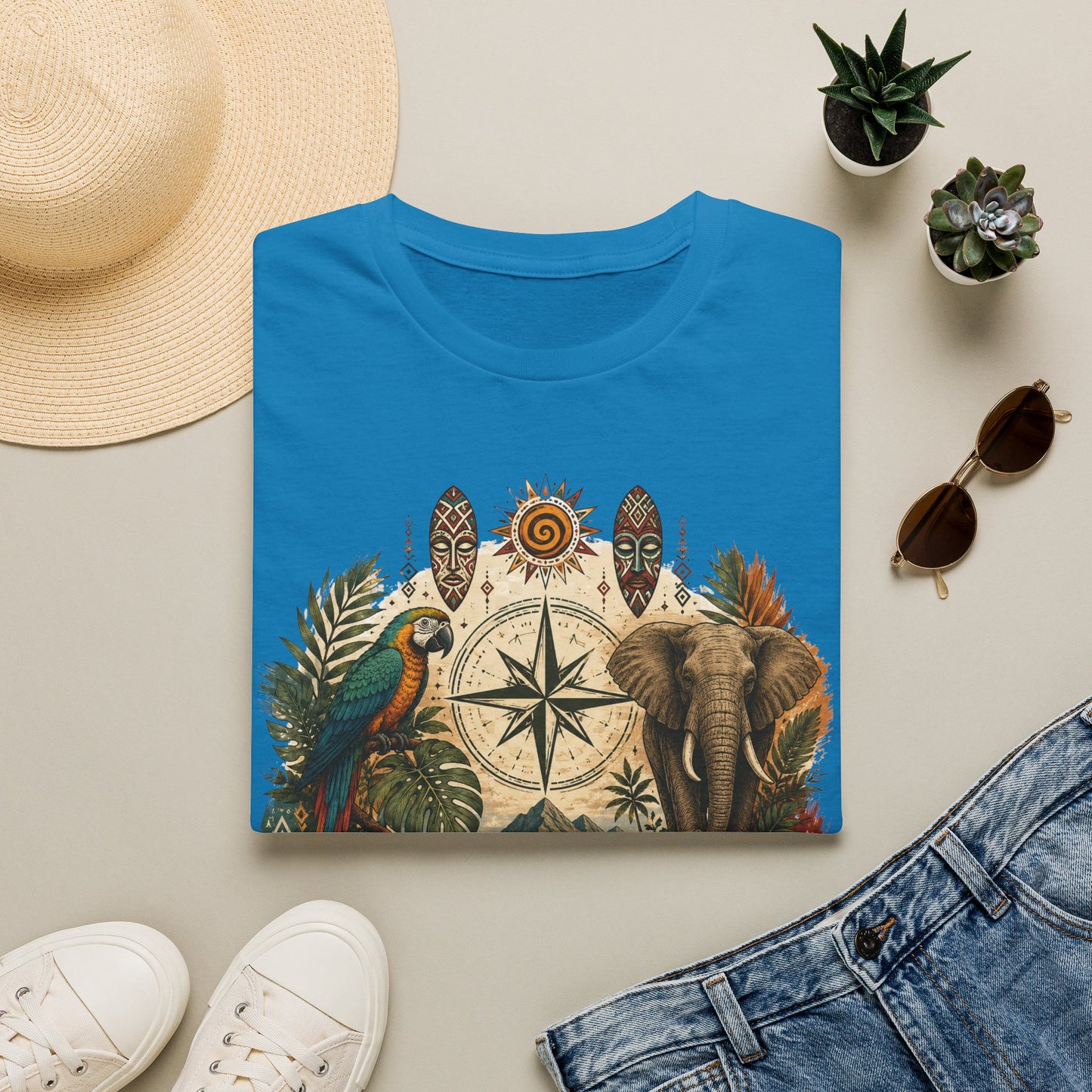 Safari Compass T‑Shirt — Vintage Elephant & Parrot Adventure Tee