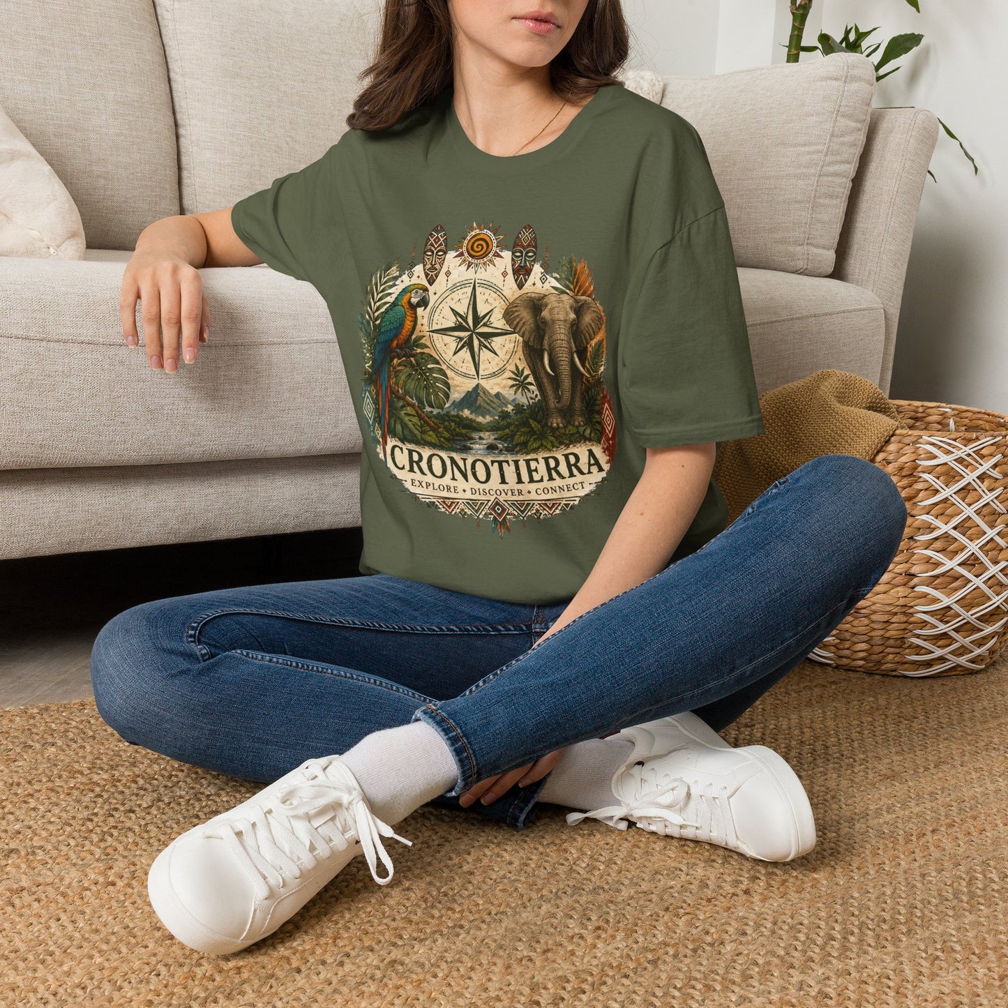 Safari Compass T‑Shirt — Vintage Elephant & Parrot Adventure Tee