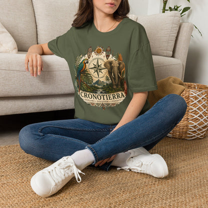 Camiseta Bússola Safári — Estampa Vintage de Elefante e Papagaio para Aventureiros