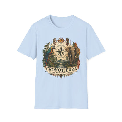 Camiseta Bússola Safári — Estampa Vintage de Elefante e Papagaio para Aventureiros
