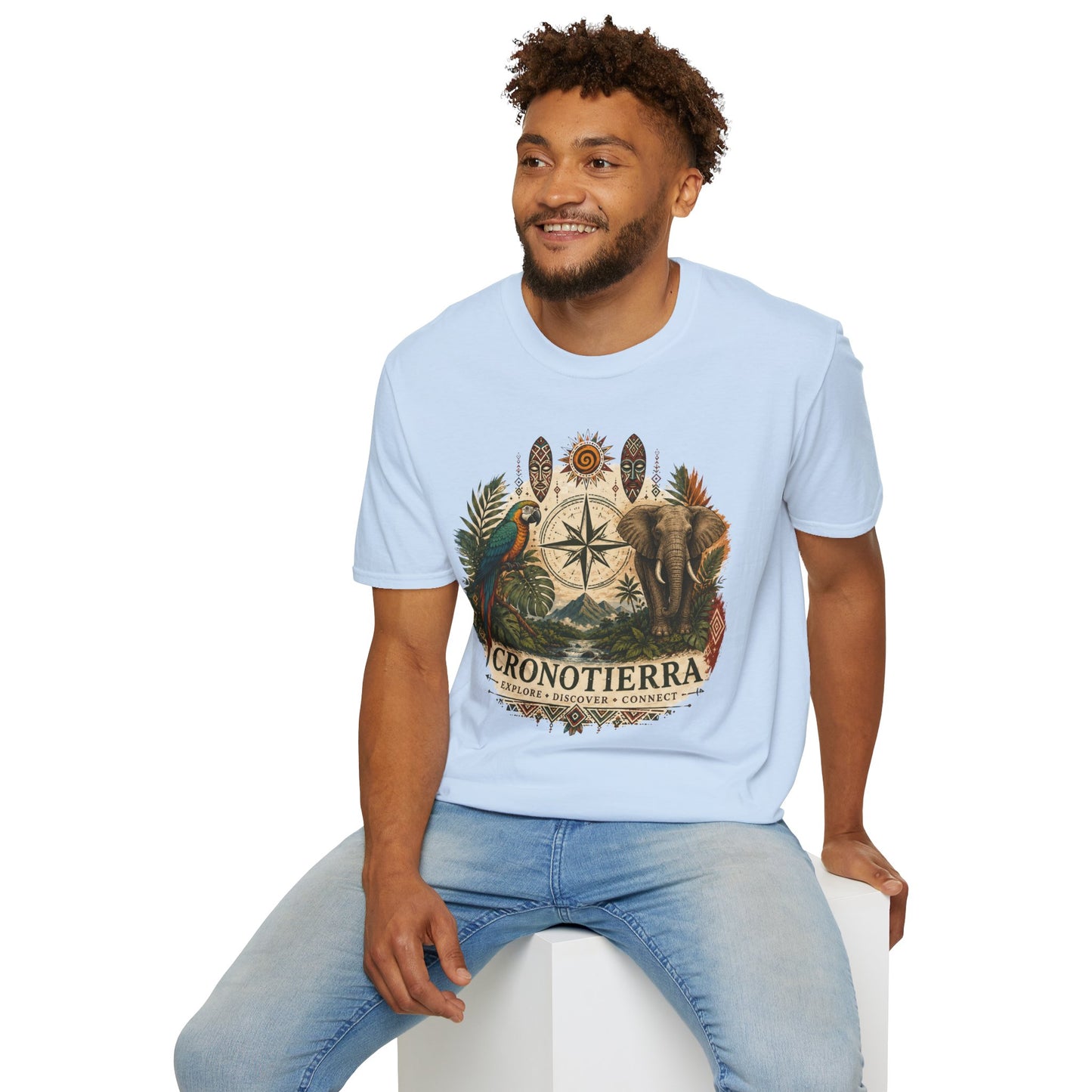 Safari Compass T‑Shirt — Vintage Elephant & Parrot Adventure Tee