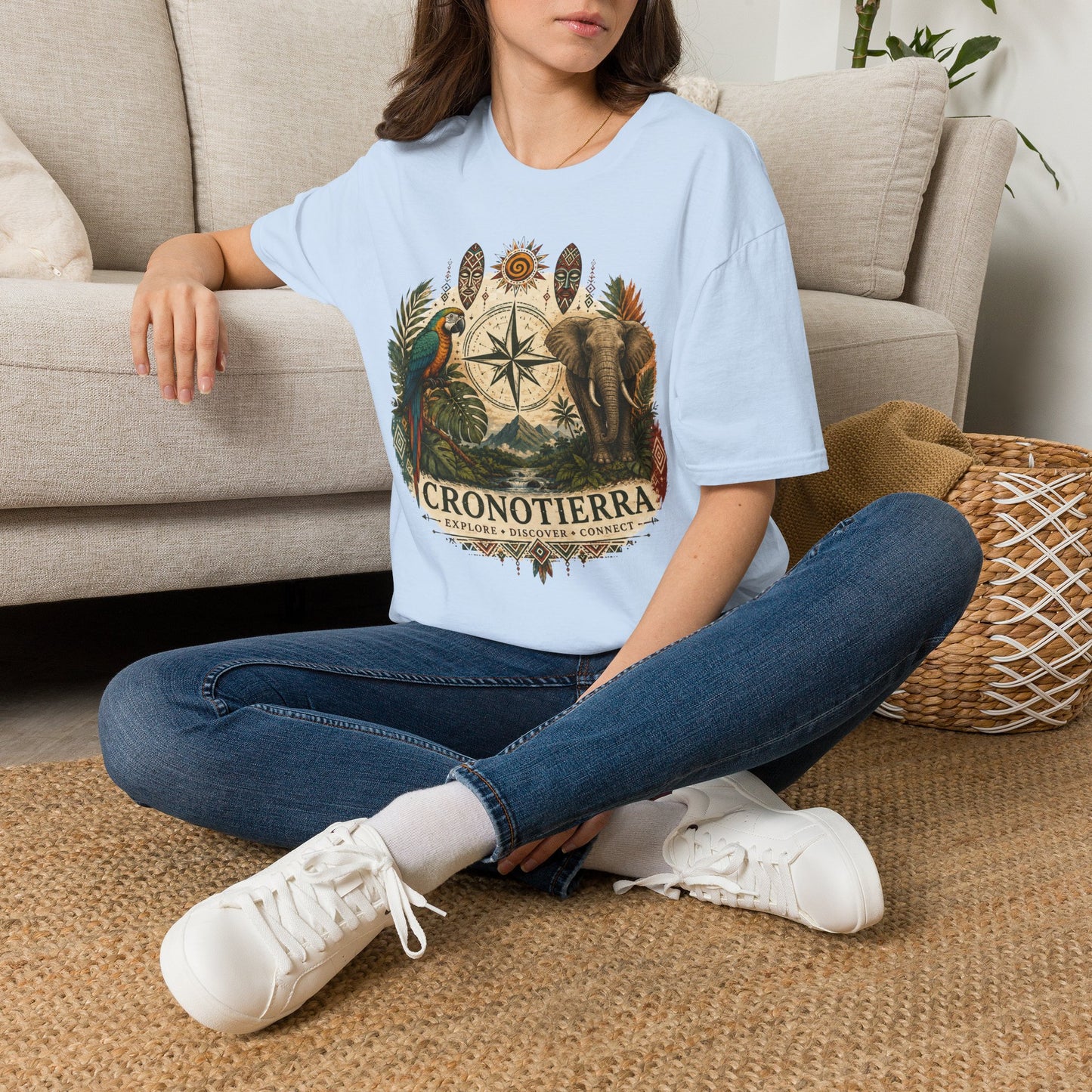 Safari Compass T‑Shirt — Vintage Elephant & Parrot Adventure Tee