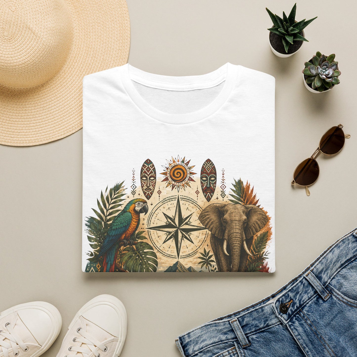 Safari Compass T‑Shirt — Vintage Elephant & Parrot Adventure Tee