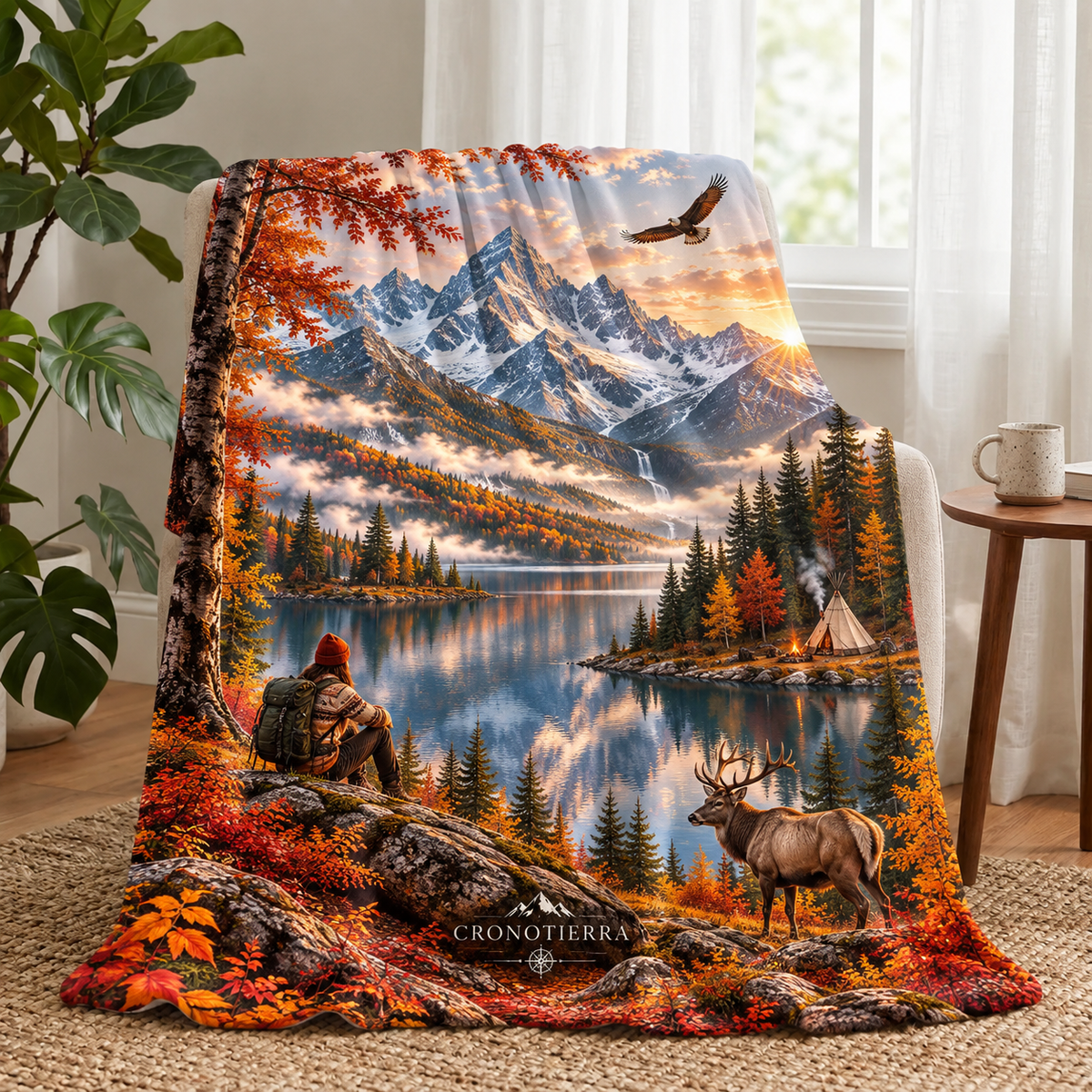 Cronotierra Autumn Mountain Retreat Velveteen Blanket — Lake & Wildlife Throw