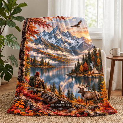 Cronotierra Autumn Mountain Retreat Velveteen Blanket — Lake & Wildlife Throw