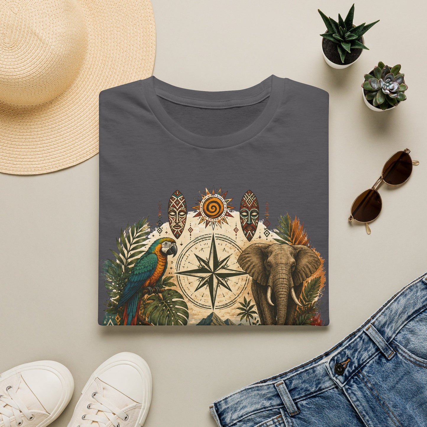 Safari Compass T‑Shirt — Vintage Elephant & Parrot Adventure Tee