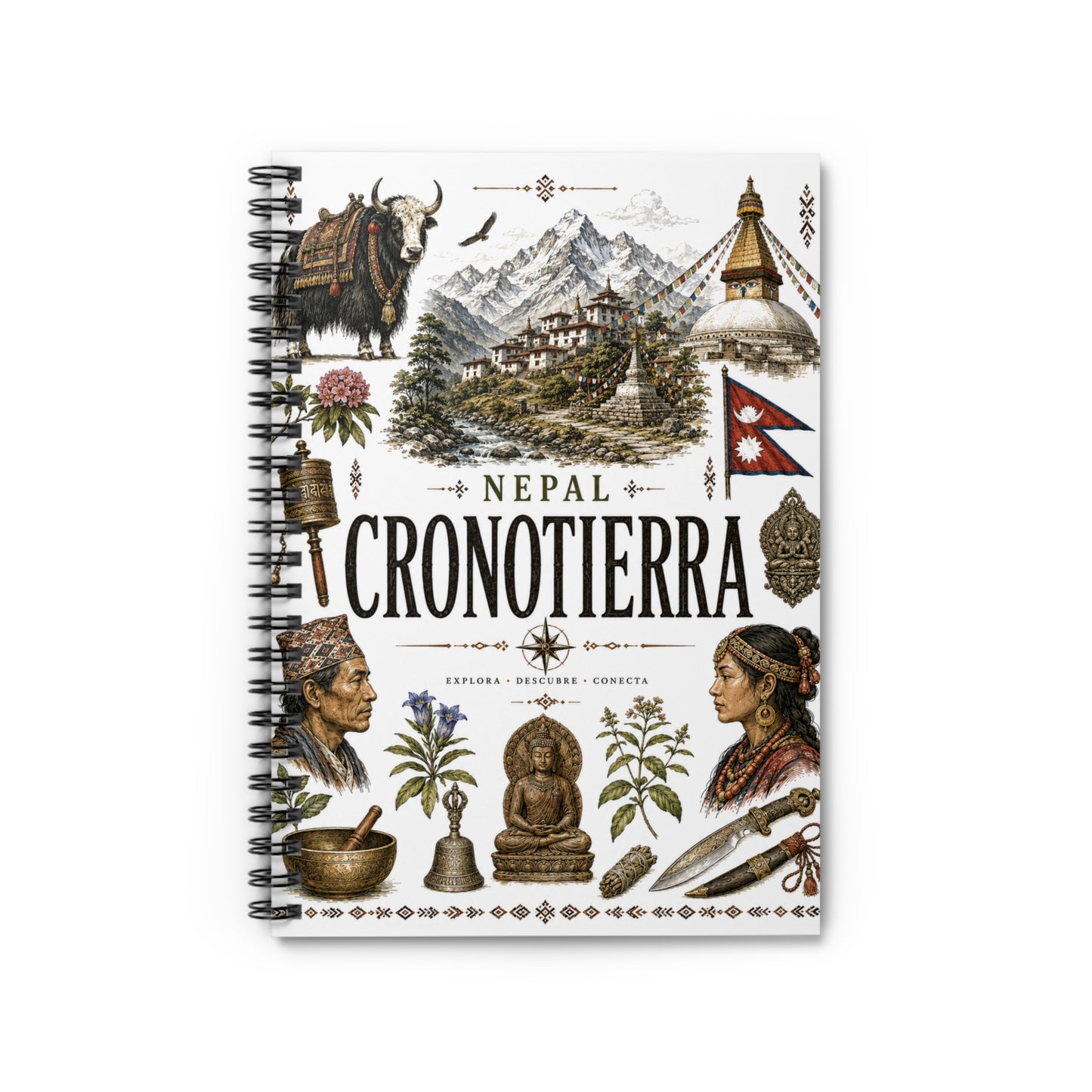 Cronotierra Illustrated Nepal Journal — Vintage Spiral Travel Notebook
