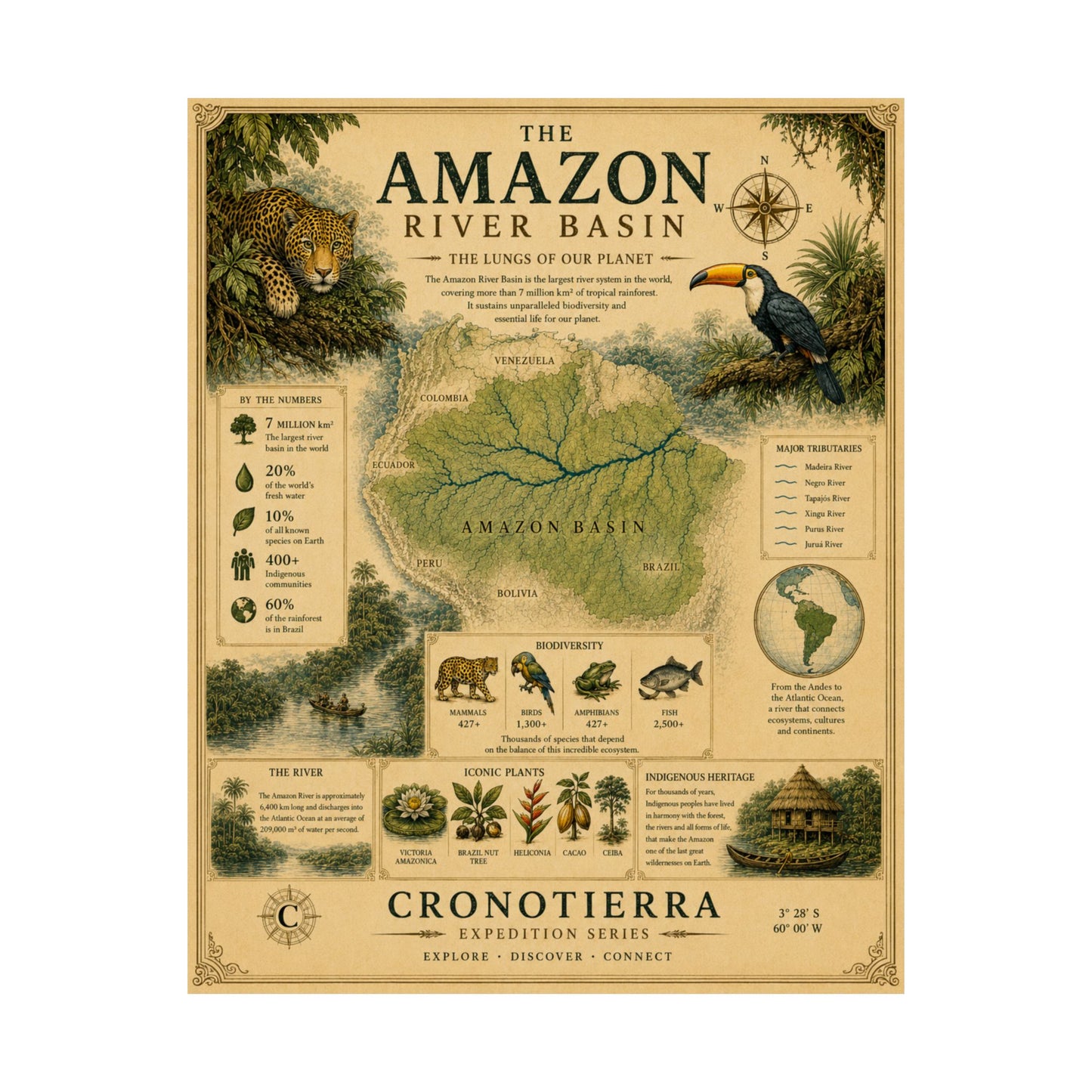 Cronotierra Amazon River Basin Vintage Map Poster
