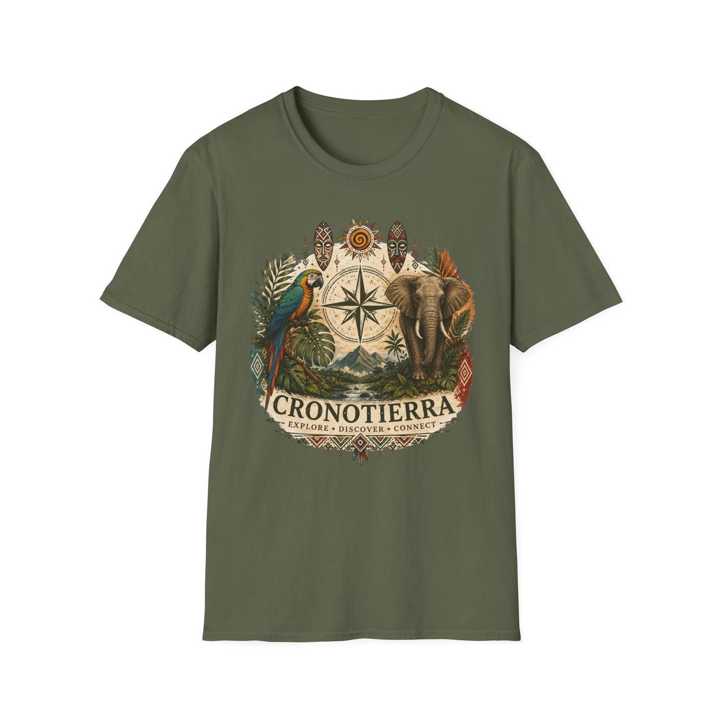 Safari Compass T‑Shirt — Vintage Elephant & Parrot Adventure Tee