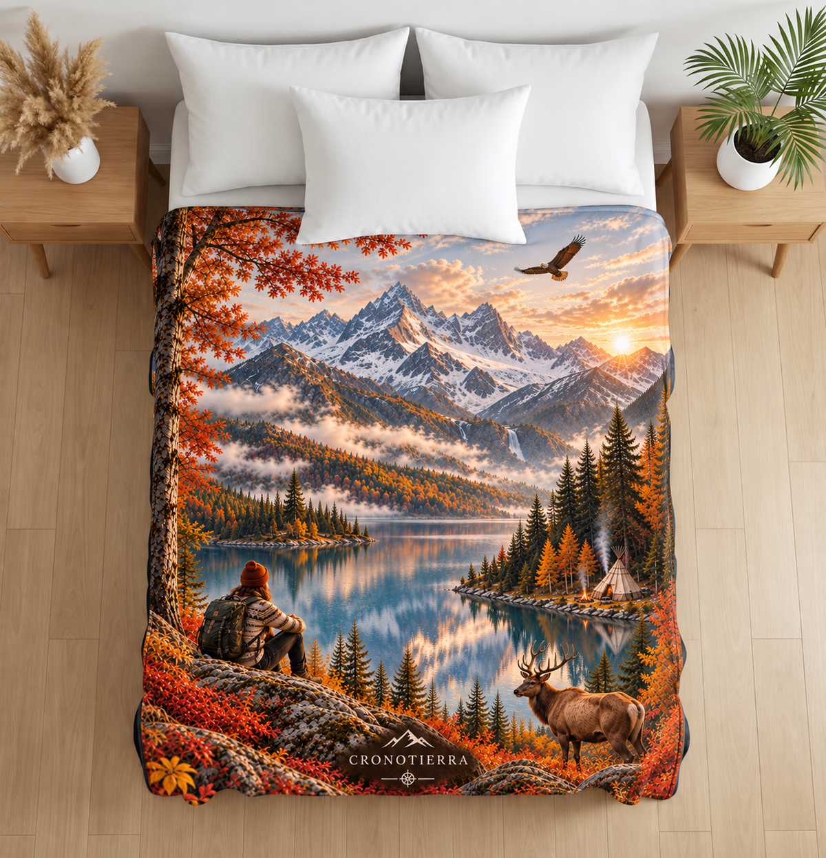 Cronotierra Autumn Mountain Retreat Velveteen Blanket — Lake & Wildlife Throw