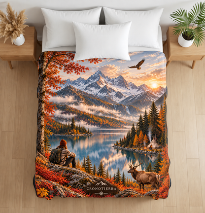 Cronotierra Autumn Mountain Retreat Velveteen Blanket — Lake & Wildlife Throw