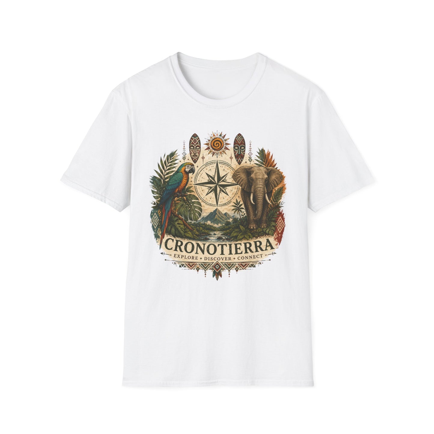 Safari Compass T‑Shirt — Vintage Elephant & Parrot Adventure Tee