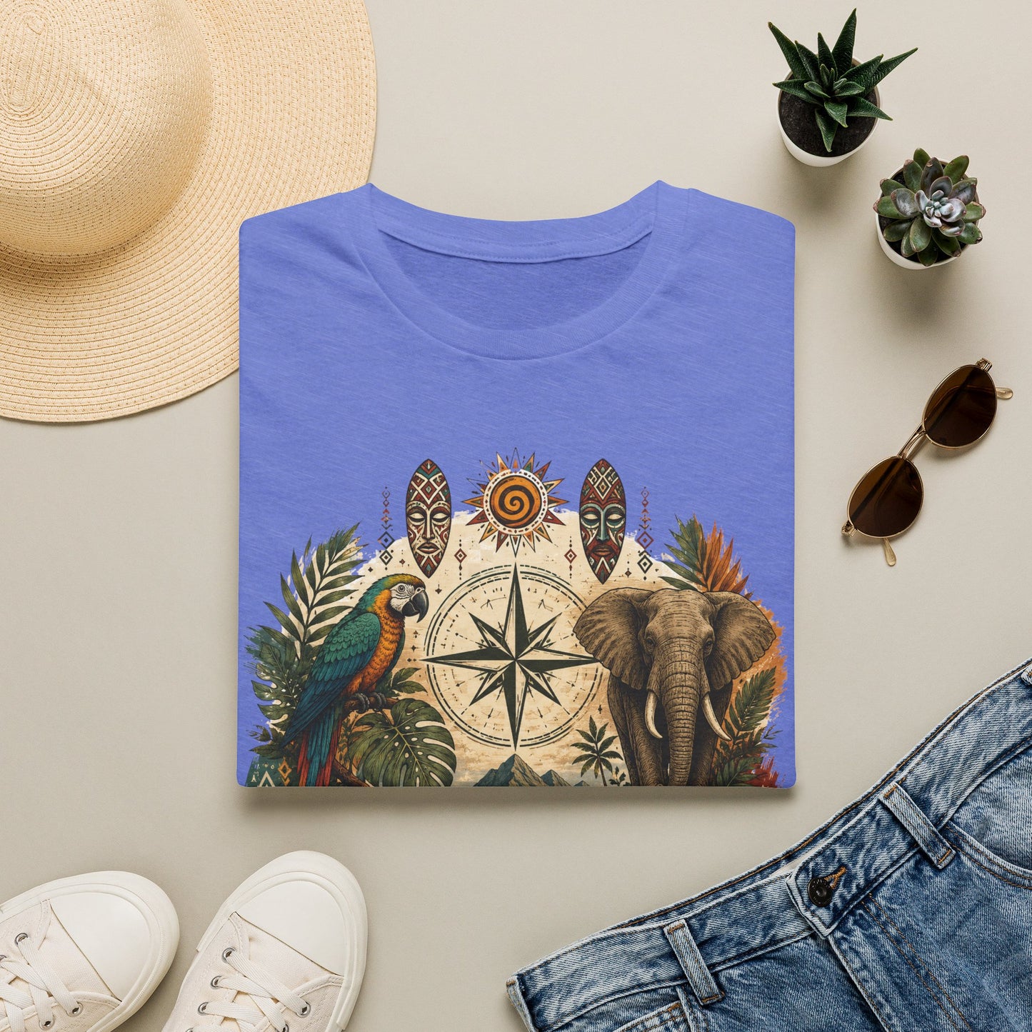 Safari Compass T‑Shirt — Vintage Elephant & Parrot Adventure Tee