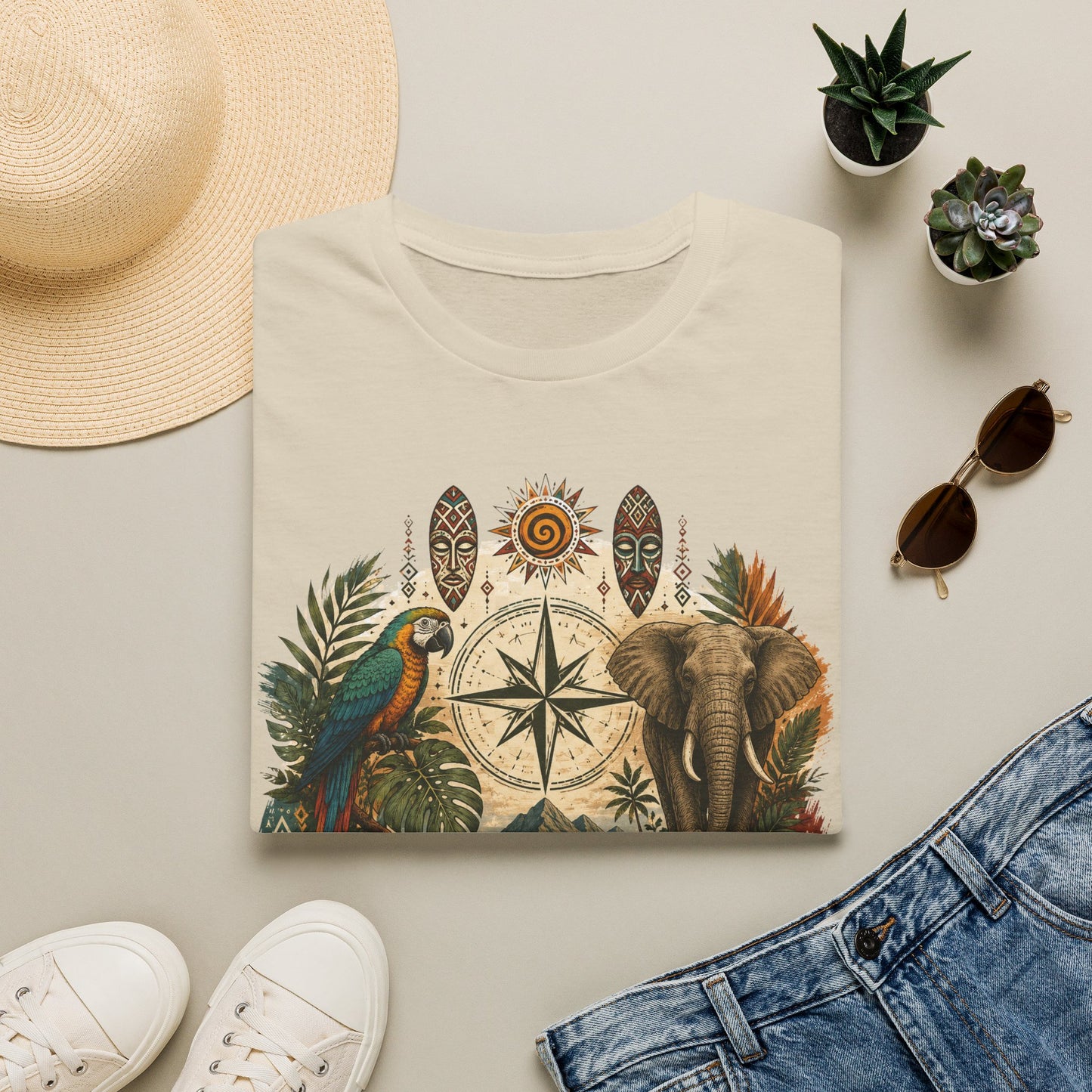 Safari Compass T‑Shirt — Vintage Elephant & Parrot Adventure Tee