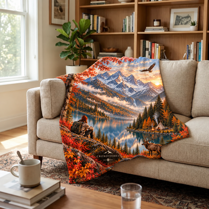 Cronotierra Autumn Mountain Retreat Velveteen Blanket — Lake & Wildlife Throw