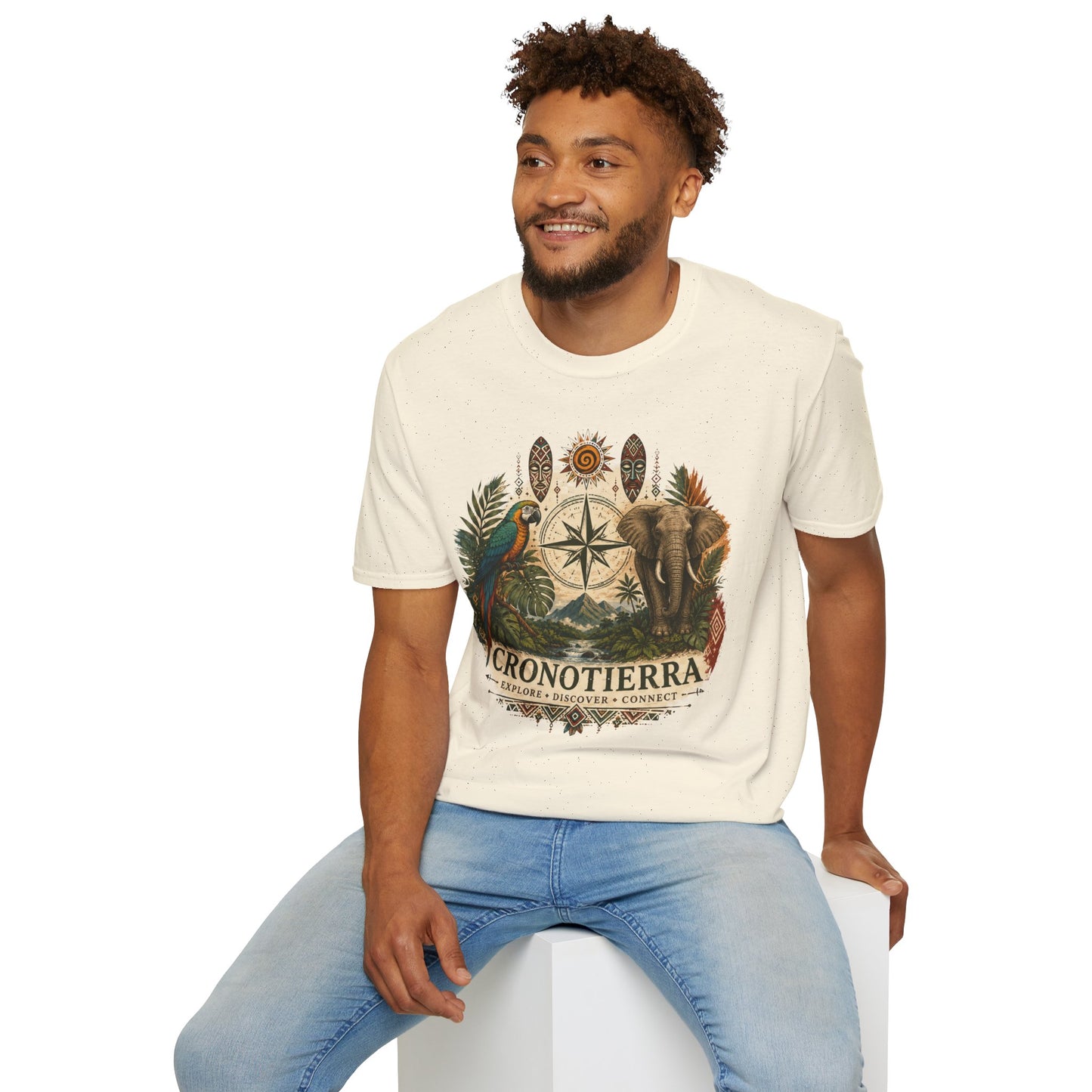 Safari Compass T‑Shirt — Vintage Elephant & Parrot Adventure Tee