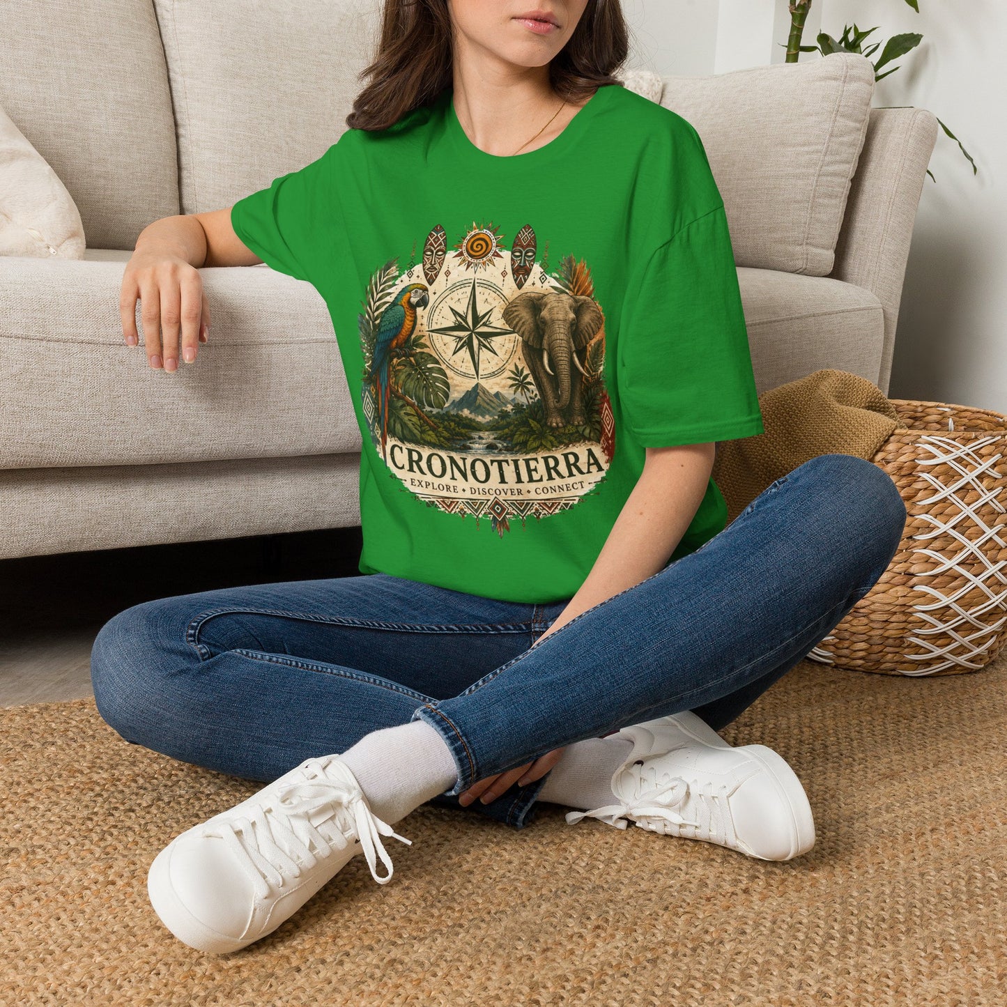 Safari Compass T‑Shirt — Vintage Elephant & Parrot Adventure Tee