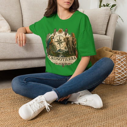 Camiseta Bússola Safári — Estampa Vintage de Elefante e Papagaio para Aventureiros
