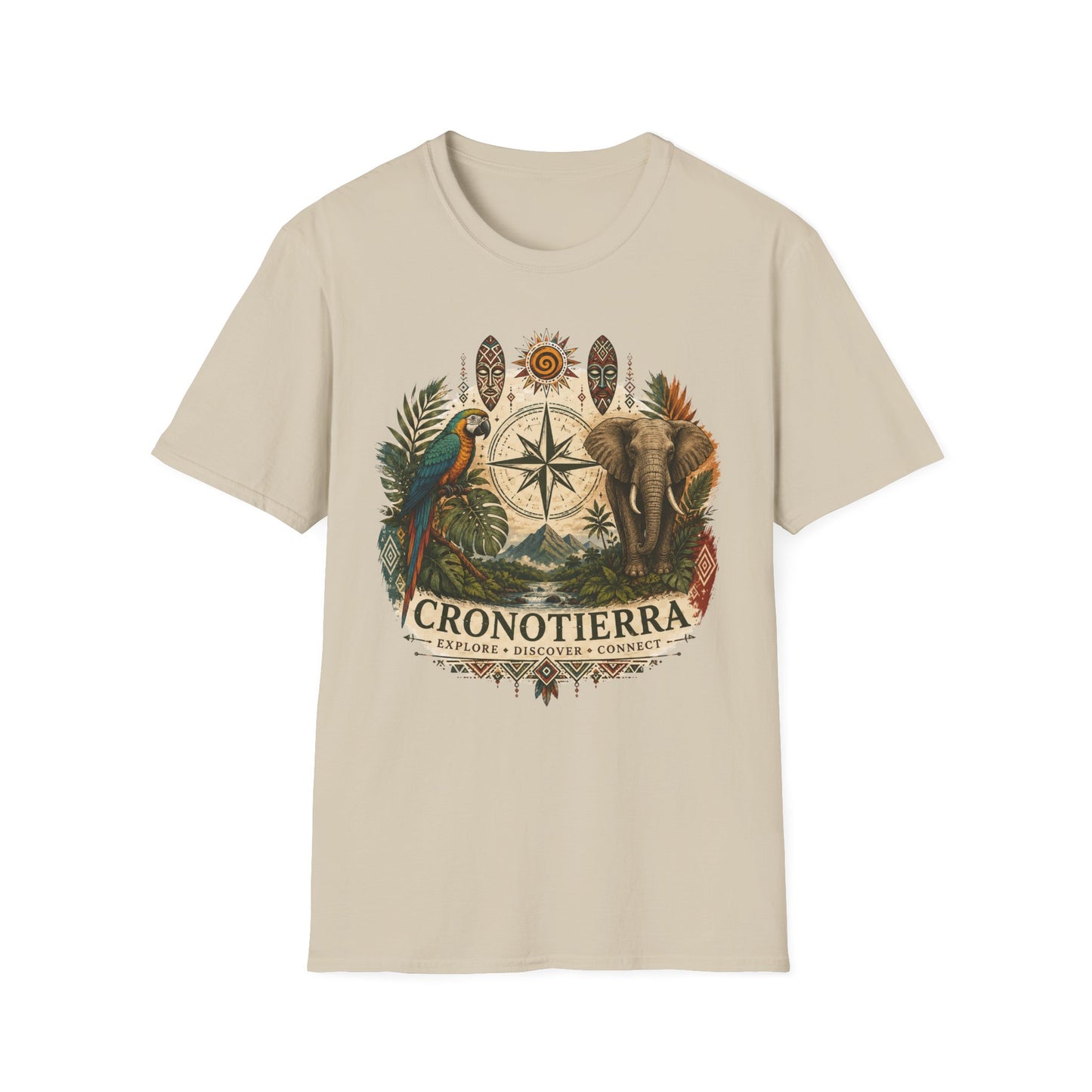 Safari Compass T‑Shirt — Vintage Elephant & Parrot Adventure Tee