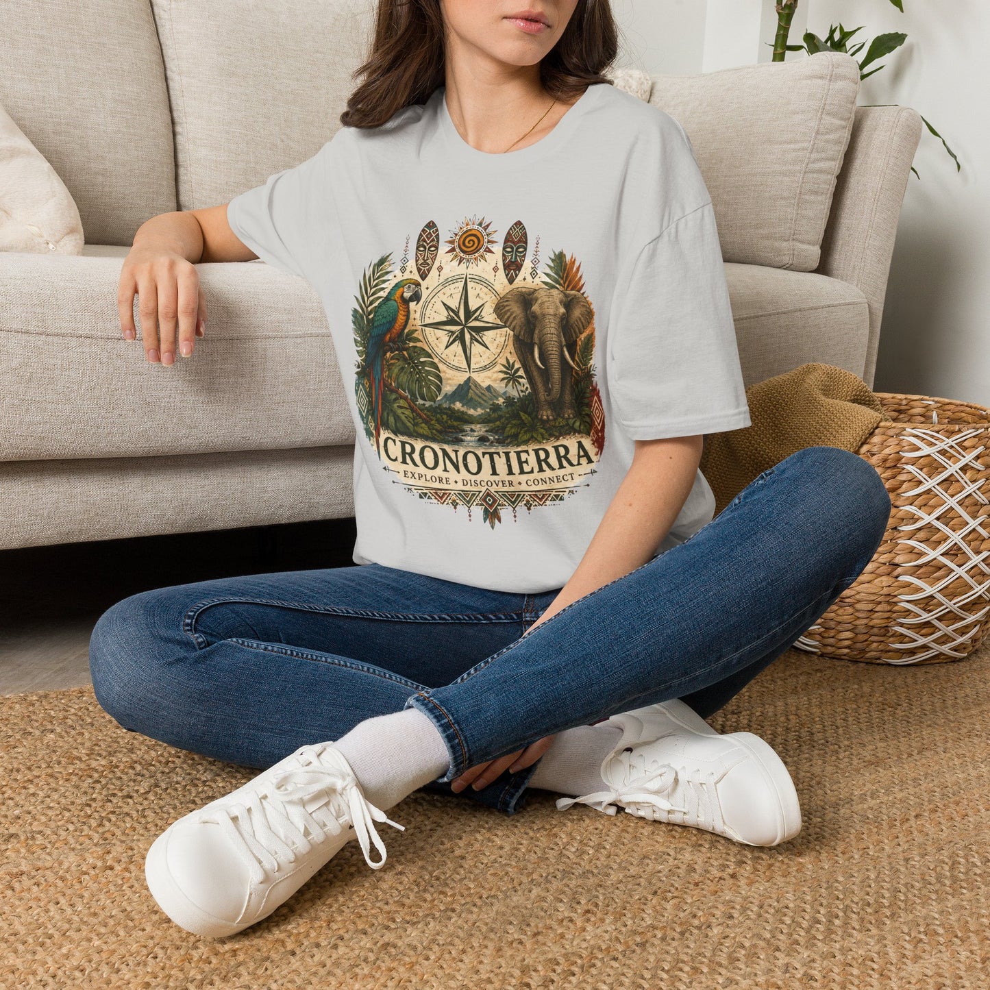 Safari Compass T‑Shirt — Vintage Elephant & Parrot Adventure Tee
