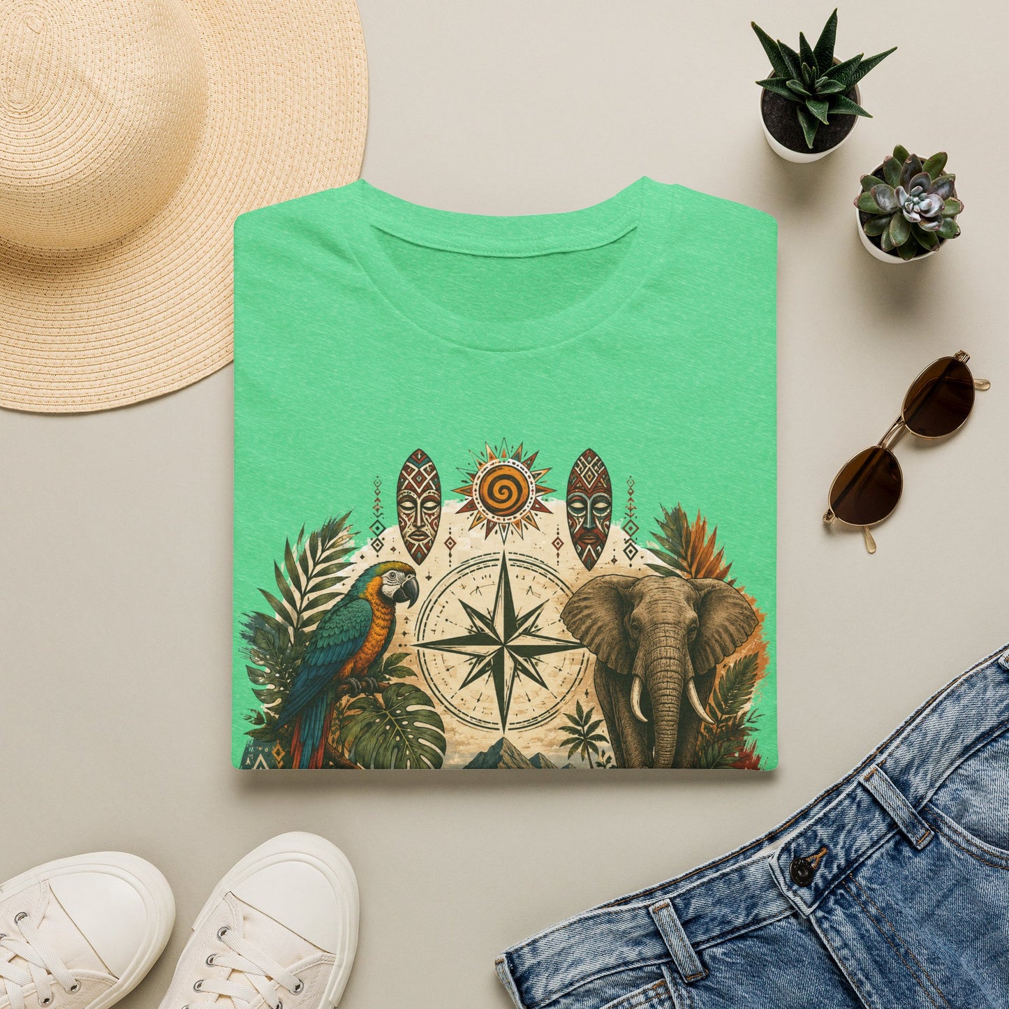 Safari Compass T‑Shirt — Vintage Elephant & Parrot Adventure Tee