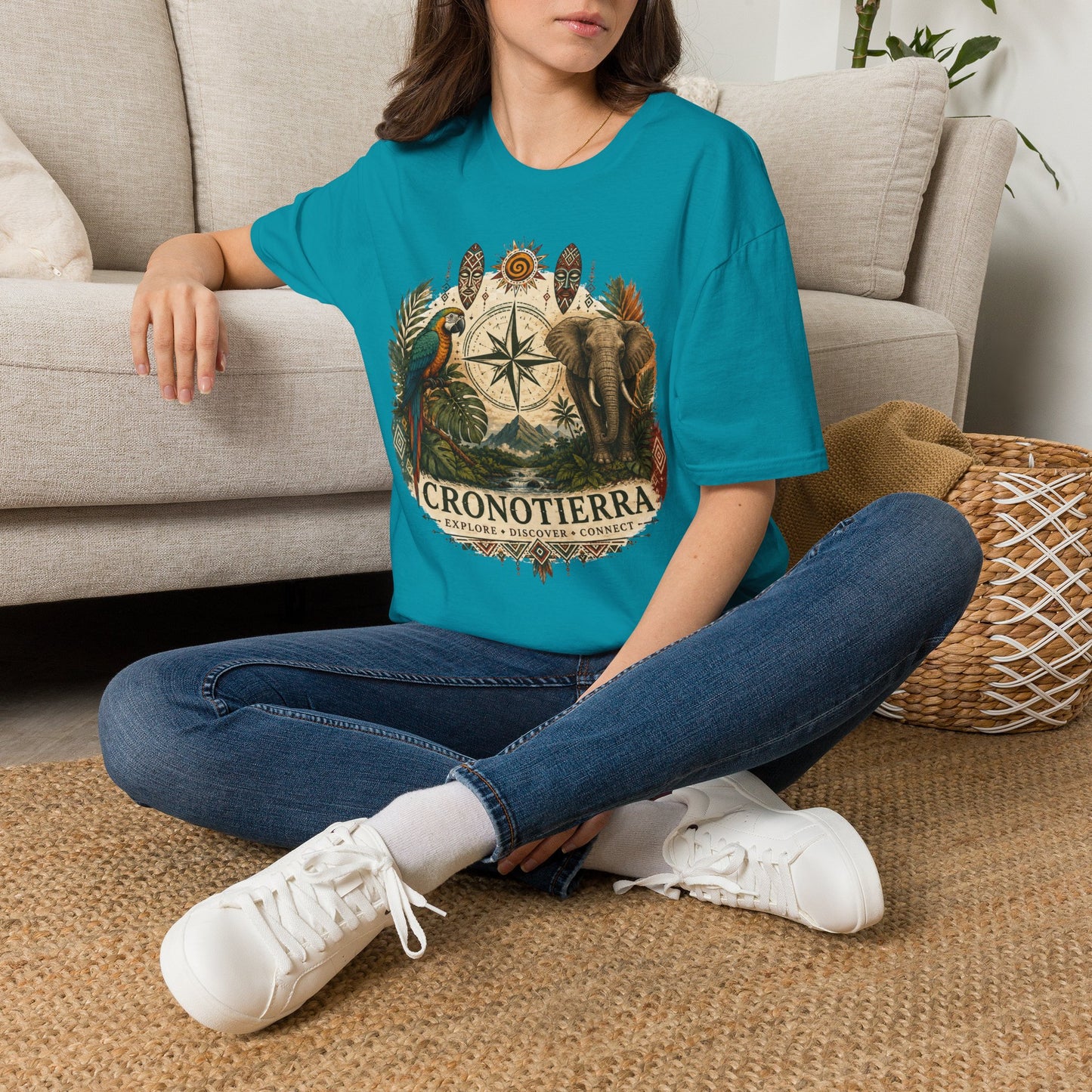 Safari Compass T‑Shirt — Vintage Elephant & Parrot Adventure Tee