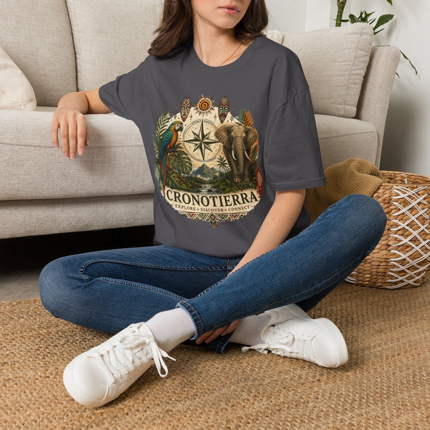 Safari Compass T‑Shirt — Vintage Elephant & Parrot Adventure Tee