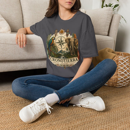 Camiseta Bússola Safári — Estampa Vintage de Elefante e Papagaio para Aventureiros