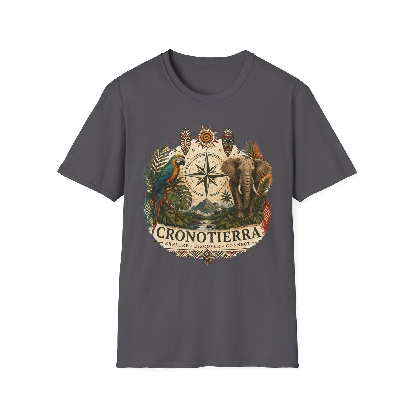 Safari Compass T‑Shirt — Vintage Elephant & Parrot Adventure Tee