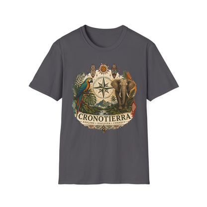 Camiseta Bússola Safári — Estampa Vintage de Elefante e Papagaio para Aventureiros